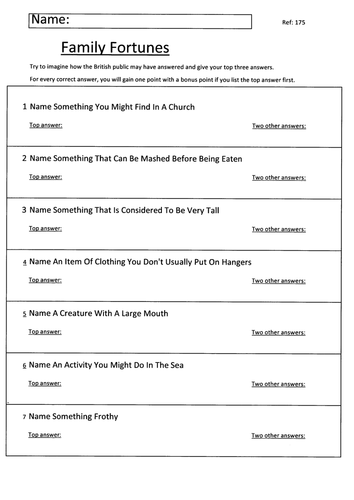 Form Tutor Activity  -  Family Fortunes type Quiz - 25 worksheets and answers (50, pages in total)