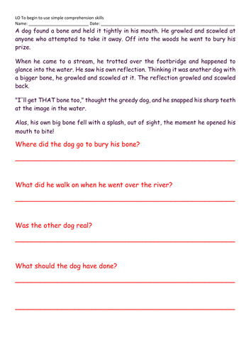the dog and his bone fable comprehension teaching resources