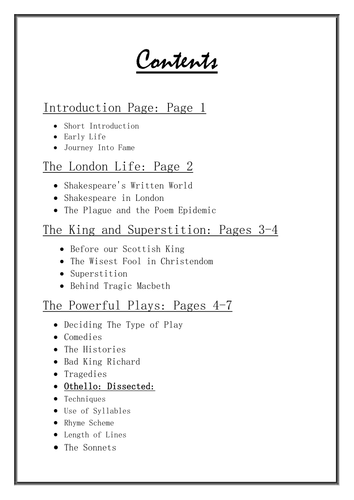 English Literature: Shakespeare Booklet 