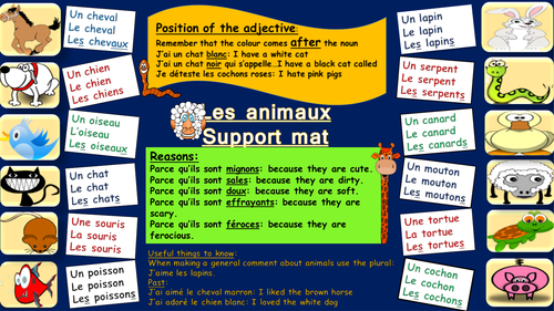 Vocabulary support on the topic of animals in French