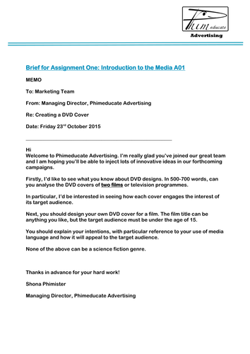 AQA GCSE Media Studies Assignment 1 Packaging of DVD's Brief