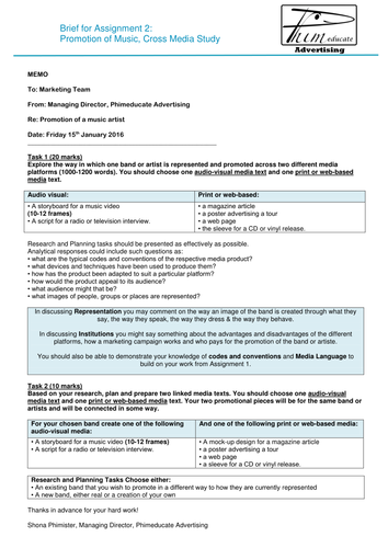 AQA GCSE Media Studies Promotion of Music Cross Media Study Brief