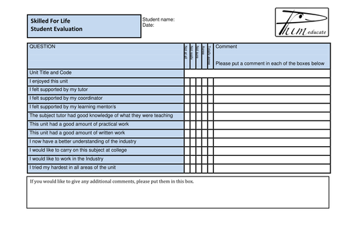 BTEC Skilled for Life Unit Student Evaluation Form for Centre Handbook 