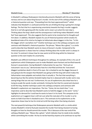 English Reading: How does Shakespeare present Macbeth in his soliloquy about King Duncan's death