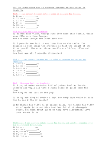 Maths- Yr 5/6- Measures- Converting between metric units of measures