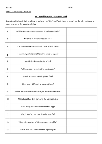 ICT - Using a database - McDonalds nutritional information