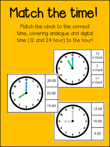 Match the time - Analogue & Digital - to the hour - Math Activity (12/24 hour)!
