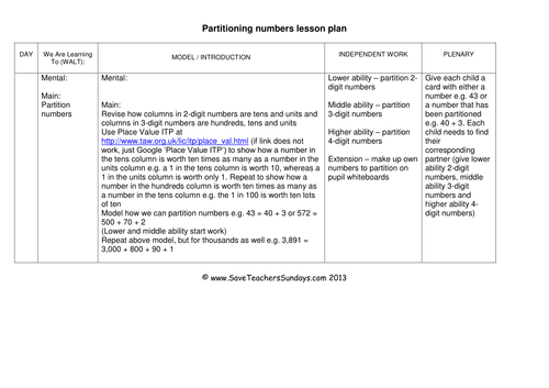Partitioning Numbers KS1 Worksheets, Lesson plans and Plenary