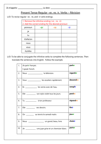 Beginner French Er Verbs Worksheet