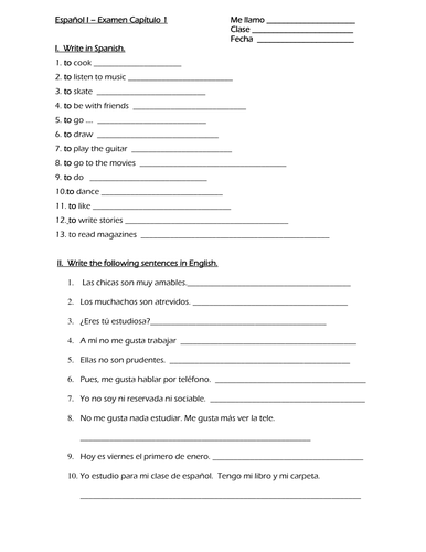 Spanish I Realidades I chapter 1 test