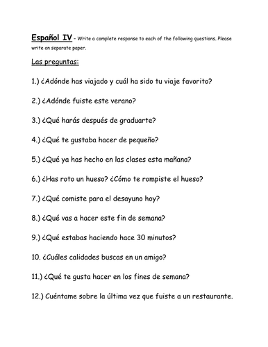 Spanish IV writing prompts