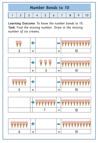 Number Bonds to 10 - Subtraction Worksheet by Krazikas | Teaching Resources