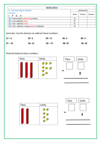 Year 2 Subtraction Worsheets based on PA maths Programme 