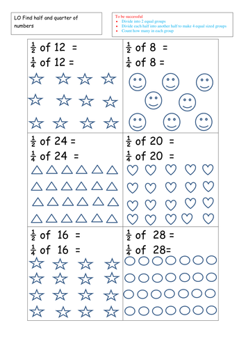 fractions find half and quarter of an amount teaching resources