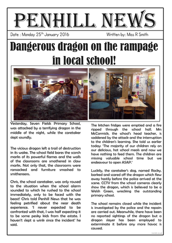 Dragon Sighting Newspaper Report Teaching Resources