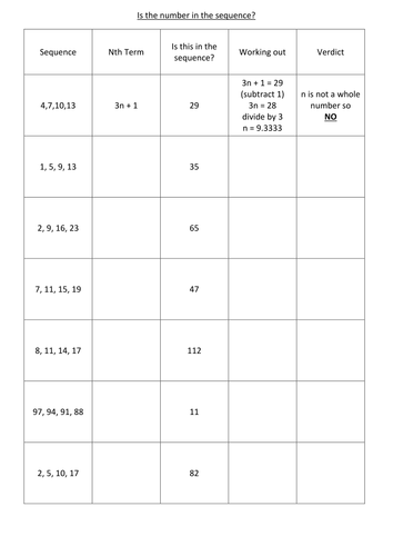 Is the value in the sequence Nth term? With answers.