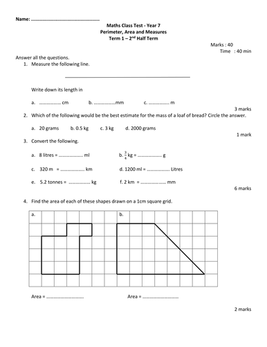 Area and Measures - Test