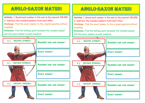 Rounding and subtracting Anglo-Saxon themed maths worksheets Year 5 KS2