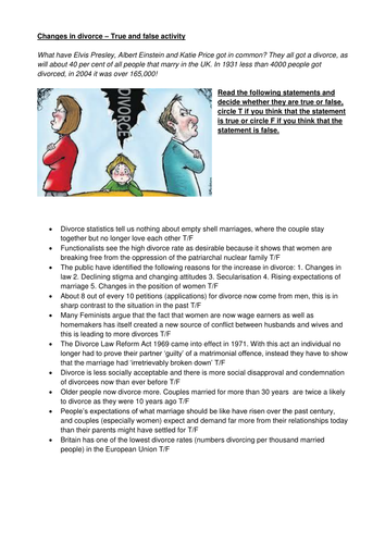 A Level/GCSE Sociology - Divorce true or false activity