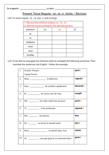 FRENCH  - RÉVISION - Present Tense Regular -er, -ir, -re Verbs - Worksheets