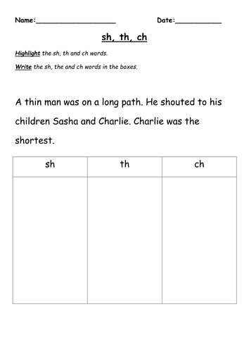 sh, ch, th worksheet | Teaching Resources