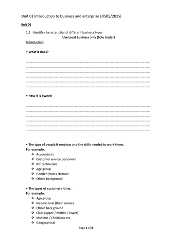 VCERT -NCFE Level 2 Certificate in Business and Enterprise Unit 01