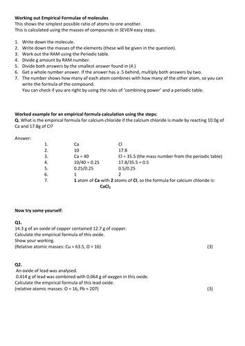 Calculating the Empirical Formula of molecules (&answers)