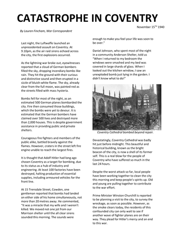 WW2 The Blitz in Coventry newspaper article KS2
