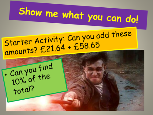 Finding percentages of amounts (money) Harry Potter themed maths lesson KS2
