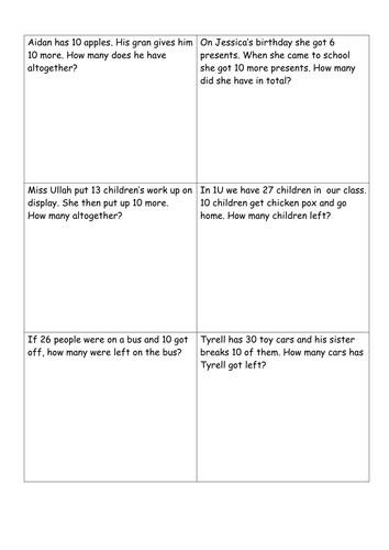 10 More And 10 Less Word Problems. Higher/Middle/Lower. Year 1 | Teaching Resources