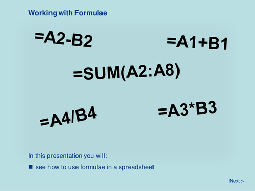 Spreadsheets - Working with Formulae