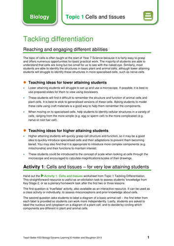 GCSE Biology: Tackling differentiation (Cells & Tissues) teaching ideas