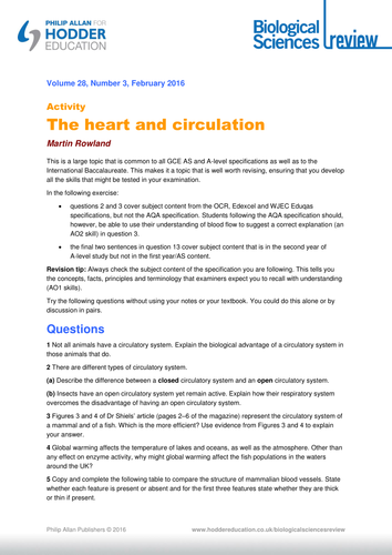 A-level Biology: Heart and Circulation worksheet