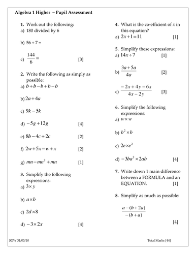 Algebra Test - Collecting Like Terms, Multiplying Terms and Simplifying ...