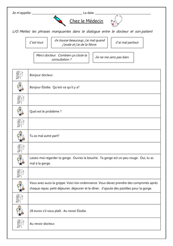 FRENCH - At the doctors - Chez le Médecin et Chez la Pharmacie - Worksheets