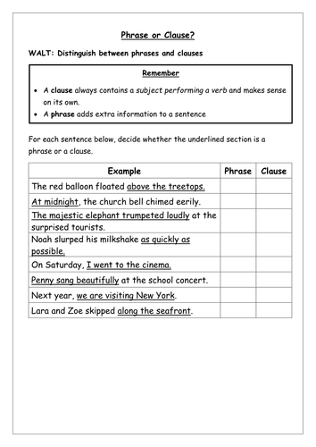 SPaG Worksheet Identify Phrases And Clauses Teaching Resources