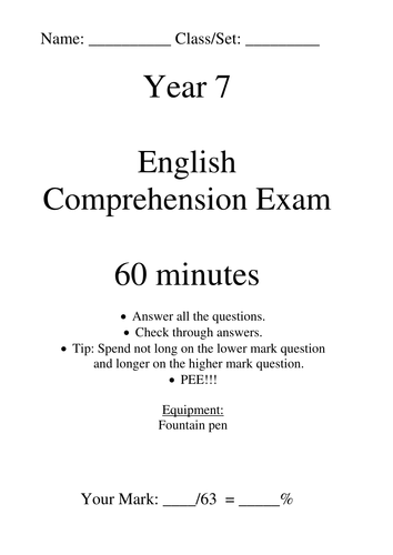 english comprehension exam package year 7 8 teaching