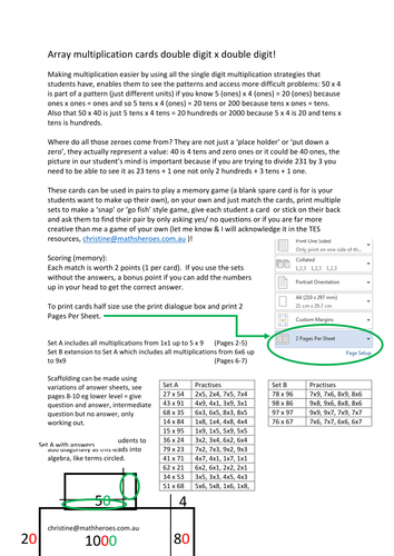 Array Multiplication: cards to practice double digit array multiplication