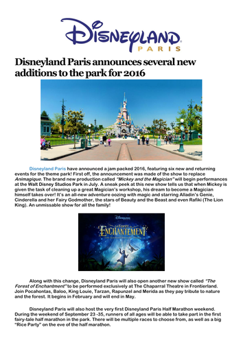 Disneyland Paris Reading Comprehension