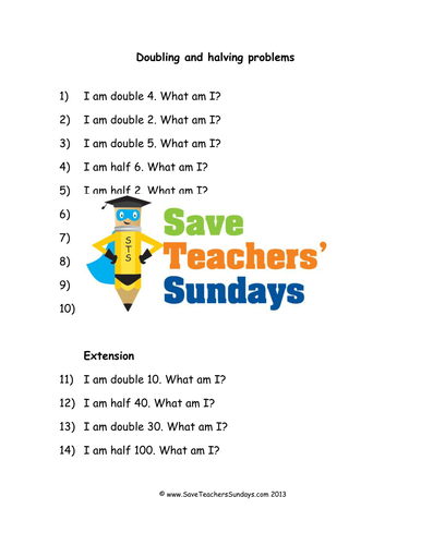 Doubling and Halving Problems KS1 Worksheets, Lesson Plans and Plenary ...