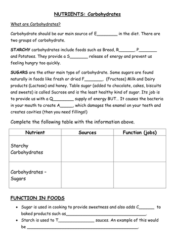 Nutrients, sources and functions - fill in the blanks