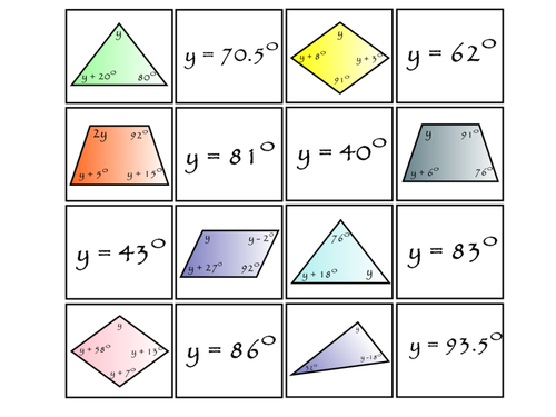 Matching Activities for Creating and Solving Equations using Angle Sums in Shapes