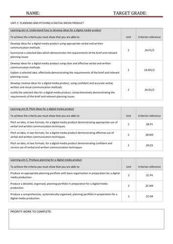 BTEC Creative Digital Media Unit 2 Asessment criteria checklist