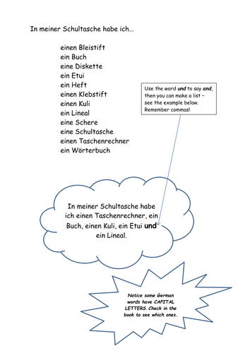 'In meiner Schultasche' simple writing worksheet