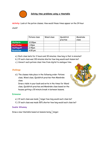 Problem involving time, 24 hour clock, timetables, fractions and percentages - Harry Potter themed