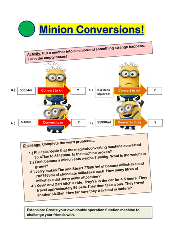 Converting ml to litres, g to km to m and vice versa plus word problems - Minion themed worksheets