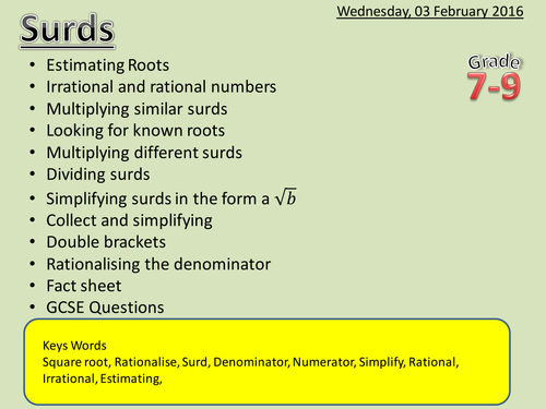 SURDS - Maths Powerpoint (With new Grading system 1-9)