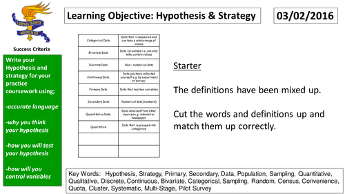 GCSE Statistics Hypothesis, Strategy and Sampling