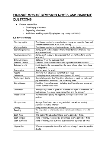 IGCSE Business Studies: Finance overview and exam 