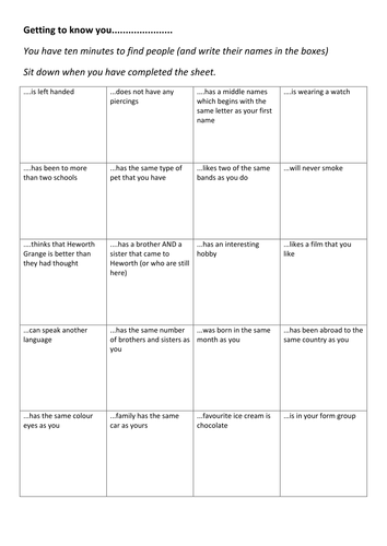 SEAL Transition Year 7 Getting to know each other WORKSHEET